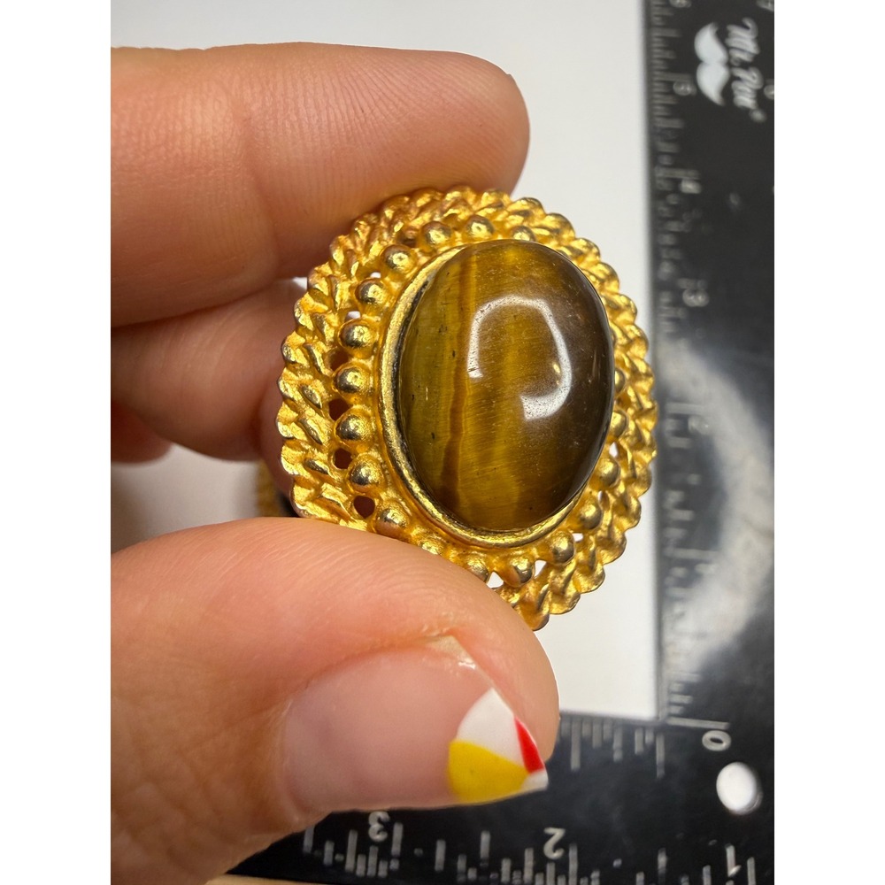 Gold Tone Tigers Eye Cabochon Clip On Earrings Braided Border Statement Oval